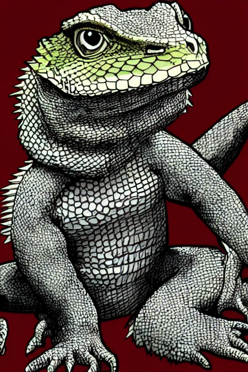 Image similar to bearded dragon grogu marvel comics style, gray scales, anime, hd,