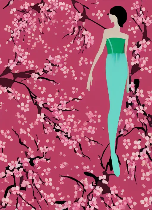 Image similar to modernist fashion illustration, cherry blossom background