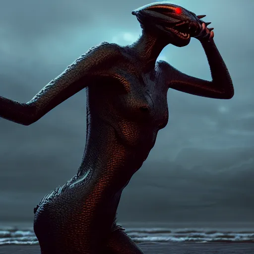 Image similar to a stunning cinematic wide shot of a beautiful confused slick sleek smooth humanoid sea monster wearing clothes made of seaweed on a dark stormy beach, well designed perfect with slick led eyes, sharp claws, cgsociety, hd octane render, fantasy, furry art, artstation, deviantart, furaffinity, very very clean