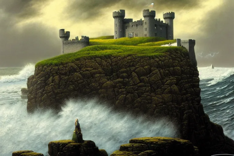 Prompt: a landscape of an irish castle on a seaside cliff, dark clouds, waves crashing, fantasy painting by michael whelan and mort kunstler, 4 k, hd, award winning, intricate details