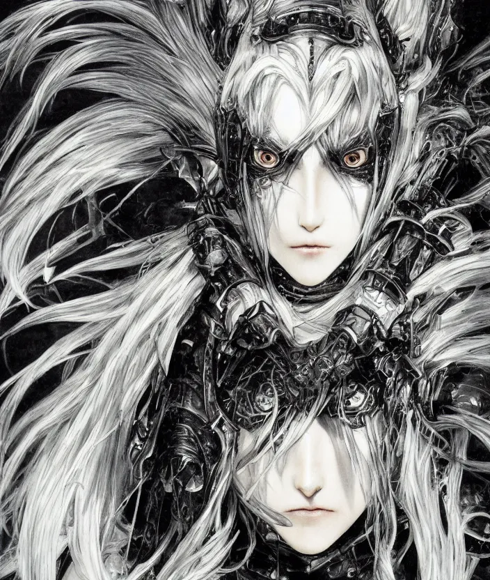 Image similar to Yoshitaka Amano realistic illustration of an anime girl with white hair and cracks on her face wearing dark souls armour with the cape fluttering in the wind, abstract black and white patterns on the background, noisy film grain effect, highly detailed, Renaissance oil painting, weird portrait angle