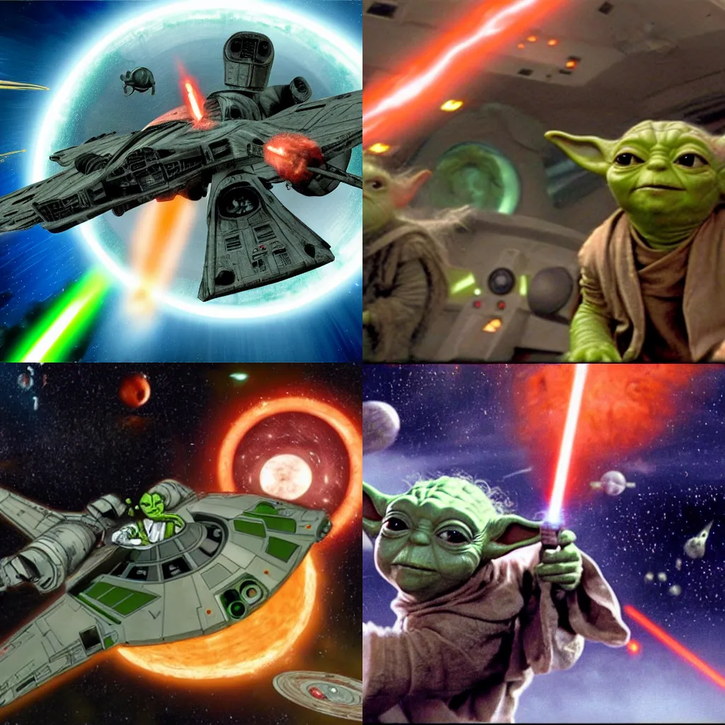 Prompt: photo of yoda piloting the millenium falcon with jar jar making silly faces next to him as they are crashing towards planet mustafar, 4k, ultra realistic