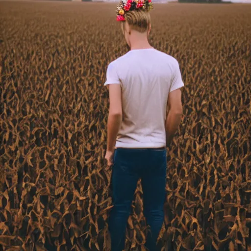 Image similar to agfa vista 4 0 0 photograph of a skinny blonde guy standing in a cornfield, flower crown, back view, grain, moody lighting, telephoto, 9 0 s vibe, blurry background, vaporwave colors!, faded!,