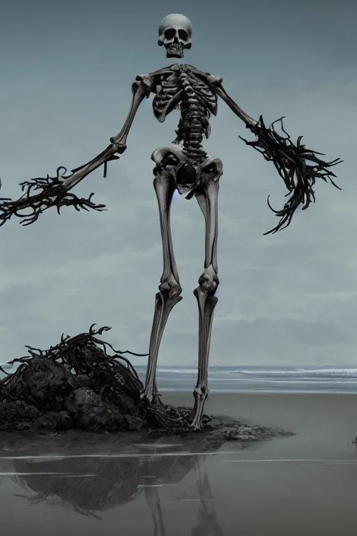 Image similar to bones on a beach, driftwood, skeletal, seaweed, gray, extremely detailed digital art, in the style of greg rutkowski, trending on artstation, 8 k