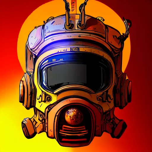 Image similar to helmet lion cyberpunk made of yellow lava and fire in borderlands 3 style, illustration, vector art, drawing, mecha, epic size, epic scale, macro art
