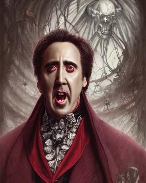Image similar to nicolas cage as dracula, drink blood, highly detailed, centered, artstation, concept art, smooth, sharp focus, illustration, bokeh art by artgerm and donato giancola and joseph christian leyendecker