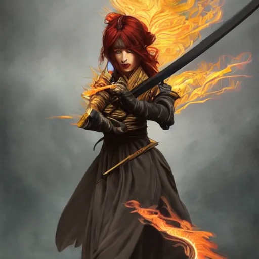 Prompt: a detailed picture of a female ninja holding a flaming katana, ominous nighttime storm, fantasy, d & d, intricate, elegant, highly detailed, digital painting, artstation, concept art, matte, sharp focus, illustration, art by john collier and albert aublet and krenz cushart and artem demura and alphonse mucha