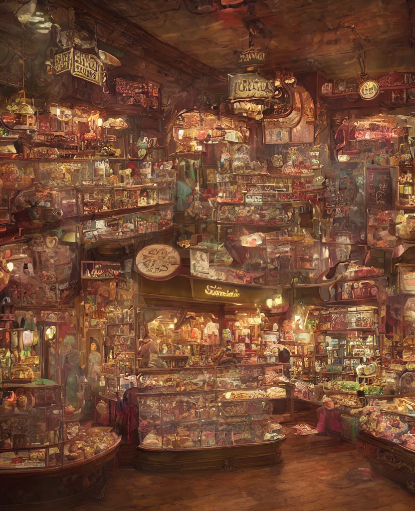 Image similar to Inside an old fashioned sweet shop, fantasy vendor interior, wide angle, cinematic shot, highly detailed, cinematic lighting , photorealistic, trending on cgsociety and unreal engine