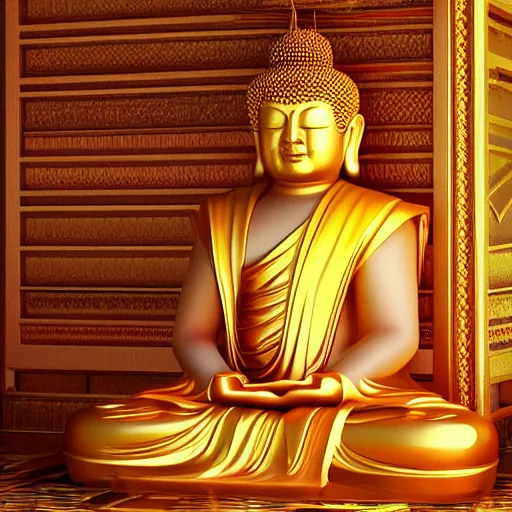 Image similar to a high detail shot of Donald Trump meditating in a Buddhist Temple, render, cgsociety, photorealism