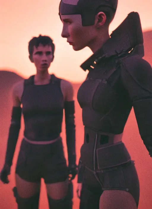 Image similar to cinestill 5 0 d photographic portrait of two loving female androids wearing rugged black cutout waist techwear on a desolate plain with a red sky, extreme closeup, modern cyberpunk, dust storm, 8 k, hd, high resolution, 3 5 mm, f / 3 2, ultra realistic faces, ex machina, blade runner