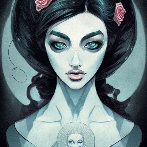 Image similar to ghost belle, heroine, beautiful, young, minimalist, detailed close - up portrait in the style of ross tran, marte gracia, and peter mohrbacher, comic book lineart