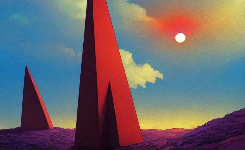 Image similar to by Moebius , landscape of mystic dark cult, monumental giant obelisk, sun light through dark clouds, purple+red+yellow colours, high quality details, one point perspective, denoise deep depth of field