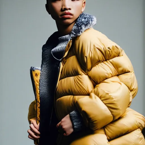 Image similar to realistic photoshooting for a new balenciaga lookbook, color film photography, portrait of a blonde asian woman, model wearing a puffer jacket, photo in style of tyler mitchell, 3 5 mm,