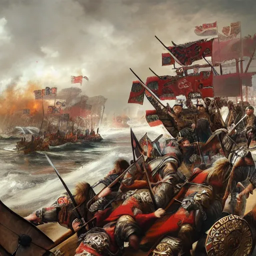 Image similar to an epic painting of vikings invading modern china, realistic, 4 k, 8 k, hyper detailed, oil on canvas, hd,