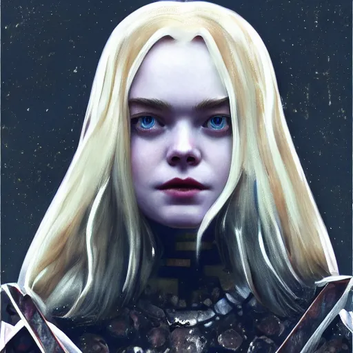 Image similar to Elle Fanning in the painted world of Dark Souls, head and shoulders masterpiece, apocalypse, golden hour, cosmic horror, artstation, in the style of De Stijl, extremely detailed