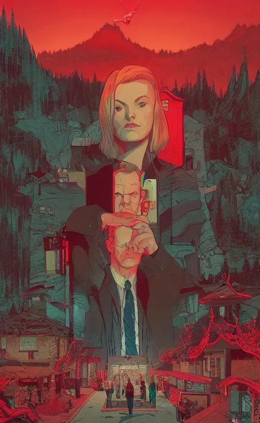 Prompt: Twin Peaks comic book cover movie poster artwork by Tomer Hanuka and Michael Whelan, Rendering of the Red Room dreamscape full of details, by Makoto Shinkai and thomas kinkade, Matte painting, trending on artstation and unreal engine