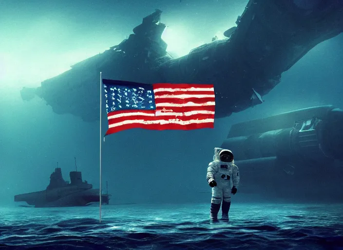 Image similar to astronaut holding a flag in an underwater desert. a submarine is visible in the distance. dark, concept art, cinematic, dramatic, atmospheric, 8 k, trending on artstation, blue, fish, low visibility, fog, ocean floor, christopher nolan, interstellar