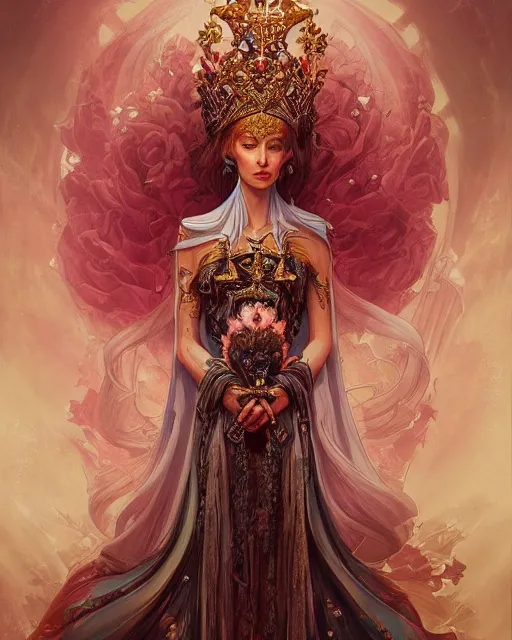 Prompt: full view Symbolic portrait of an ethereal Queen in a crown of sorrow wearing a ornate dress sitting on a throne by Anna Dittman and Jesper Ejsing, detailed and realistic, featured on Artstation, soft lighting, behance