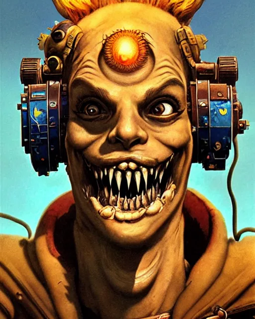 Image similar to junkrat from overwatch, closed mouth smile, character portrait, portrait, close up, concept art, intricate details, highly detailed, vintage sci - fi poster, in the style of chris foss, rodger dean, moebius, michael whelan, and gustave dore