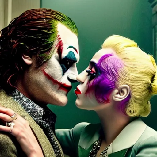 Image similar to ultra realistic candid from joaquin phoenix with lady gaga in new joker movie footage's, intricate details. sharp details