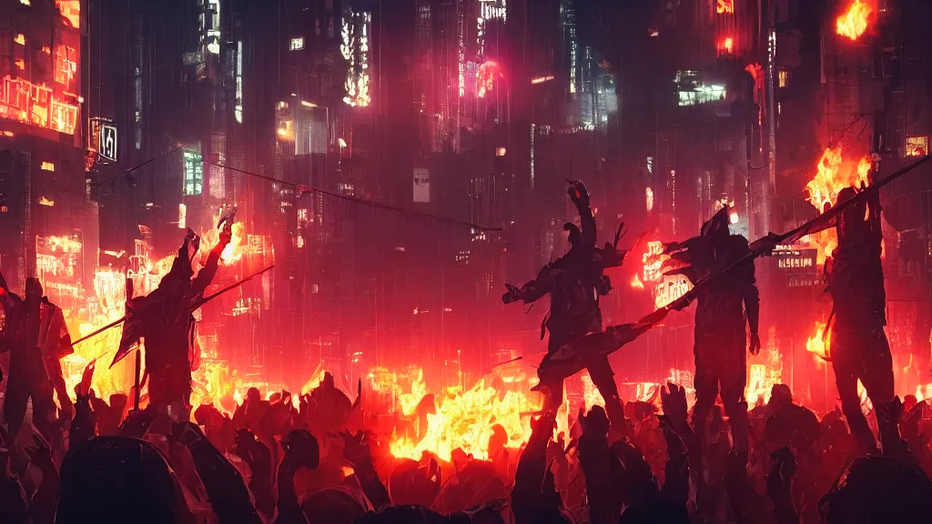 Image similar to angry protesters holding placards, digital illustration by greg rutkowski, fire, android netrunner, nighttime, cyberpunk city background, colored lighting