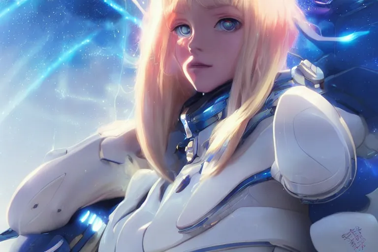 Image similar to blue eyed blonde anime girls in futuristic spacesuit, volumetric lighting, glowing lights, 4k, octane, digital painting, artstation, concept art, sharp focus, illustration, art by artgerm and greg rutkowski and alphonse mucha