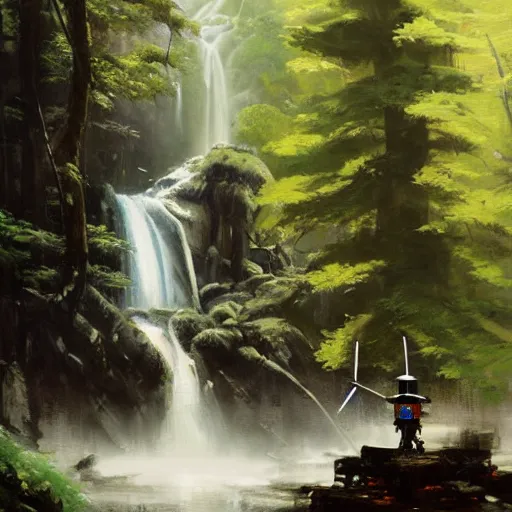 Prompt: Samurai robot resting in front of a waterfall inside a forest, oil painting, by Greg Rutkowski