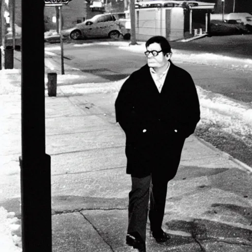 Prompt: Cyborg Morton Feldman struts through the suburbs on a winter night