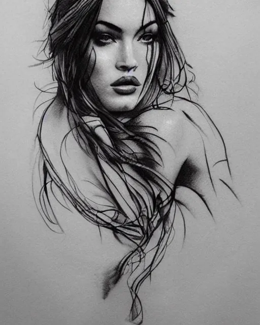 Image similar to double exposure tattoo sketch of megan fox faded with a beautiful mountain scenery, in the style of matteo pasqualin, amazing detail, sharp