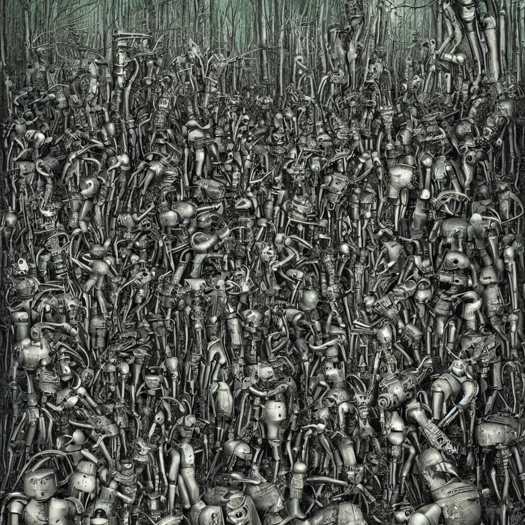 Prompt: 10000 robots fighting in forest H.R. Giger