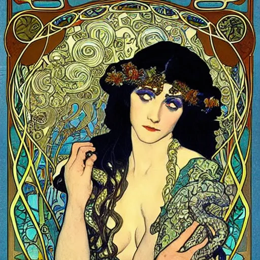 Prompt: cleopatra with coiled serpents beautiful detailed romantic art nouveau face portrait by alphonse mucha, kay nielsen, yoshitaka amano, and gustav klimt, hauntingly beautiful refined moody dreamscape