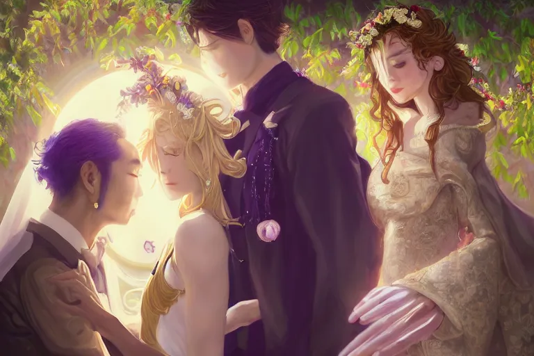 Image similar to a cinematic portrait of wedding photograph jpeg close up moment of a divine a japan sun god and moon goddess lovers magician at a wedding banquet. portraiture. digital painting. artstation. concept art. wedding photo. digital painting. violet evergarden art masterpiece by art by krenz cushart