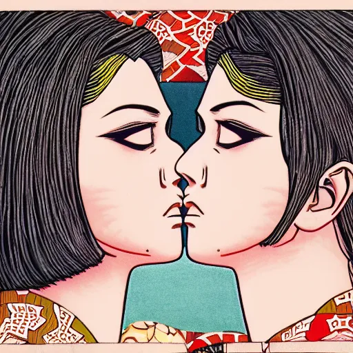 Prompt: closeup of two women made of patterns kissing each other, manga art by araki, jojo's bizarre adventure key visual