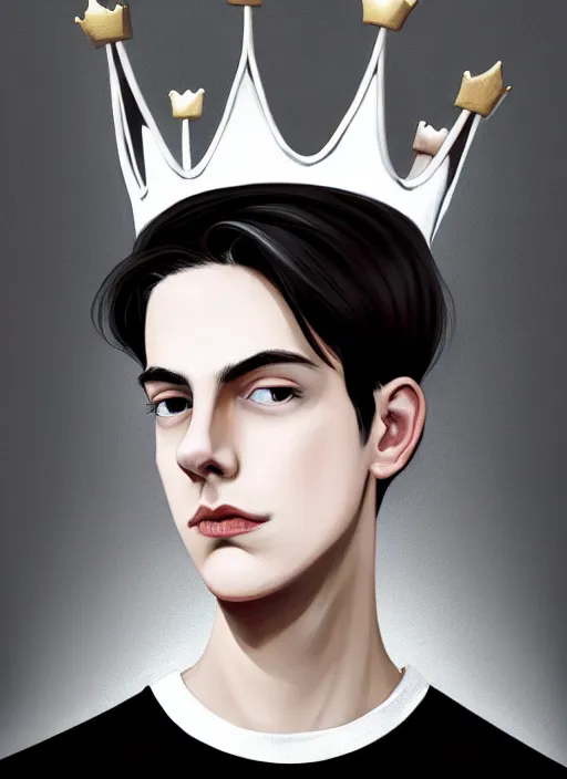 Prompt: portrait of teenage jughead jones wearing a light grey crown, photorealistic, crown, crown with badges on it, crown with red and white pin badge, eyes closed, crown, black hair, intricate, elegant, highly detailed, digital painting, artstation, concept art, smooth, sharp focus, illustration, art by wlop, mars ravelo and greg rutkowski