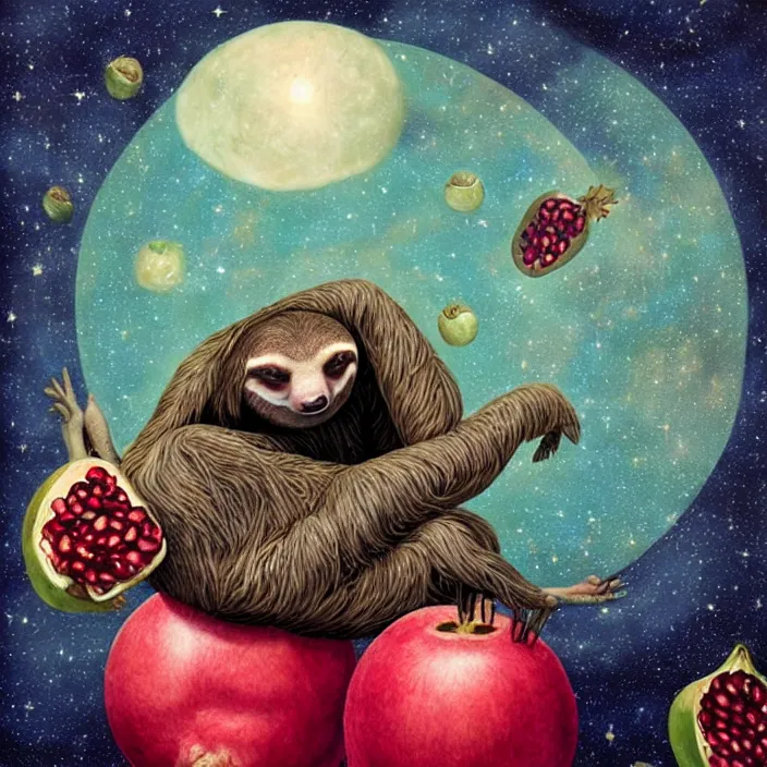 Image similar to sloth enjoying a pomegranate floating though space, starry background, surreal, dark, in the style of mark ryden