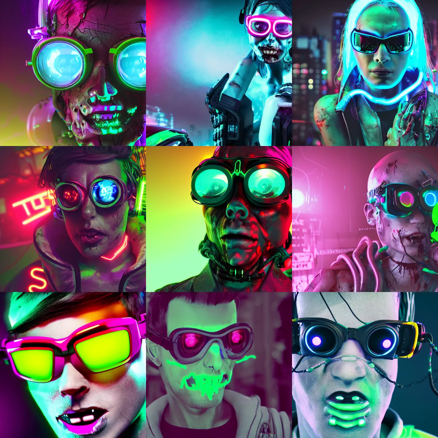 Prompt: A Cyberpunk zombie wearing neon goggles, neon wires, futuristic + volumetric lighting + ambient occlusion + rtx + detailed textures + micro details + post processing + photo realism + realistic + octane render + 8k