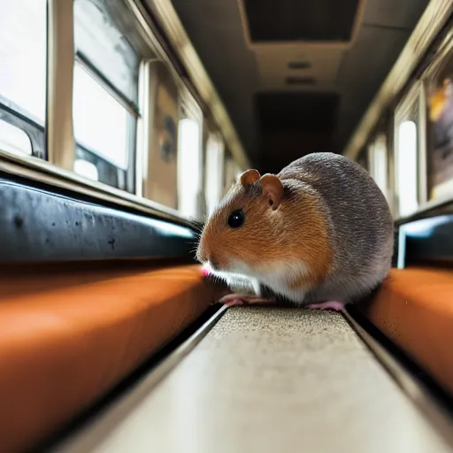 Image similar to photo of a train interior, a brown hamster is sitting on a seat in a train, various poses, unedited, soft light, sharp focus, 8 k