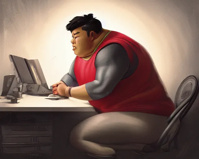 Image similar to an insanely detailed painting of a slightly chubby, nerdy asian man wearing a superhero costume, sitting at a desk, staring at the nervously at the computer and typing, in the style of peter mohrbacher, dramatic lighting and composition, octane render, pixar, trending on artstation, concept art, comic book, view from behind