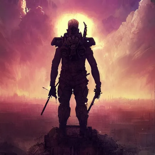 Prompt: apocalypse's soldier standing in a ruined city watching a colorful butterfly, darkwave, darksynth, concept art, sharp, digital matte painting, art by greg rutkowski, wlop, dramatic lighting, trending on artstation