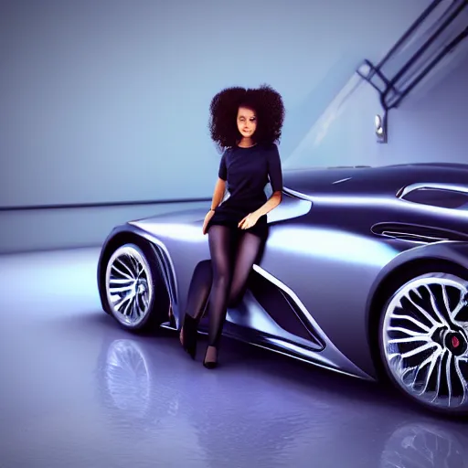 Image similar to ultra detailed woman sitting on a futuristic sport car, highly detailed, sharp focus, octane render, global illumination