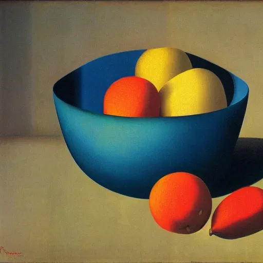 Image similar to surreal bowl of fruit by Rene Magritte