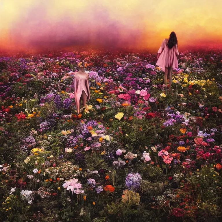 Image similar to a planet of various flowers, fungus and plants, in which the singular human figure is dressed in something magical and impressive, inside the picture is infinity, sunset light, Atmospheric phenomenon, artistic photography, muted colors, conceptual, long exposure outside the city, volumetric light