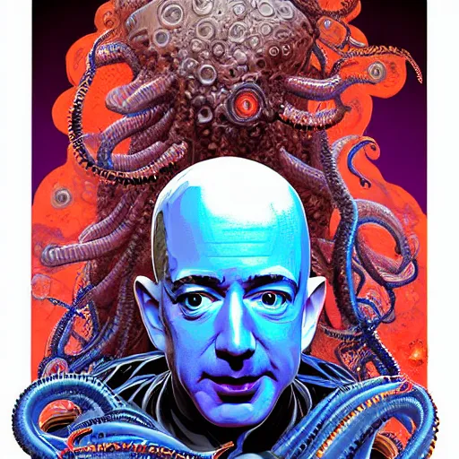 Prompt: Jeff Bezos as a terrifying cosmic horror with a thousand tentacles coming from his eyes and cracks in his head with a cosmic background. Epic digital art, extremely detailed, terrifying