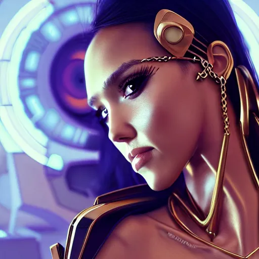 Prompt: jessica alba as an edm jewelry catgirl cyborg | sweaty porcelain polished rich enticing ornate modern | weta disney movie still photo | hi - fructose, sci fi fantasy, golden ratio details, smooth, octane render, sharp focus, artstation, concept art, illustration | rutkowski, artgerm, mucha, wlop, loish |