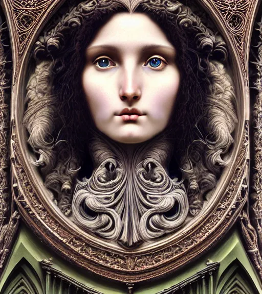 Image similar to hyperrealistic detailed face portrait of a beautiful long haired young goddess morphing into a gothic cathedral, authentic ornamental architecture, art by ernst haeckel, john william godward, android jones, h. r. giger, gothic, neo - gothic, heavily ornamental,