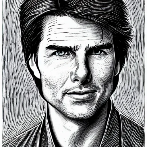 Image similar to a portrait drawing of Tom Cruise drawn by Robert Crumb