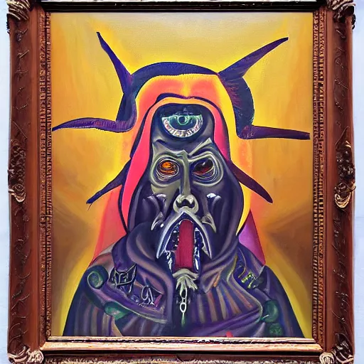 Image similar to portre of an autistic demon on acid, masonic and kabalistic symbols in background, oil painting