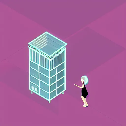 Prompt: Isometric view of a tiny woman living inside a computer tower. Detailed digital art.