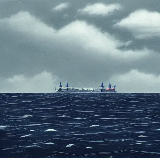 Image similar to a ship which is sailing in dark sea sky is dark blue and clouds and thunderstorms coming in far waves are big detailed picture