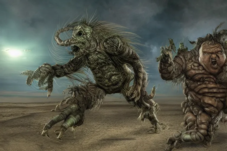 Image similar to photo, two old hairy fat ugly men! fighting alien monsters 4 0 1 2 9 on a beach, highly detailed, scary, intricate details, volumetric lighting, front view